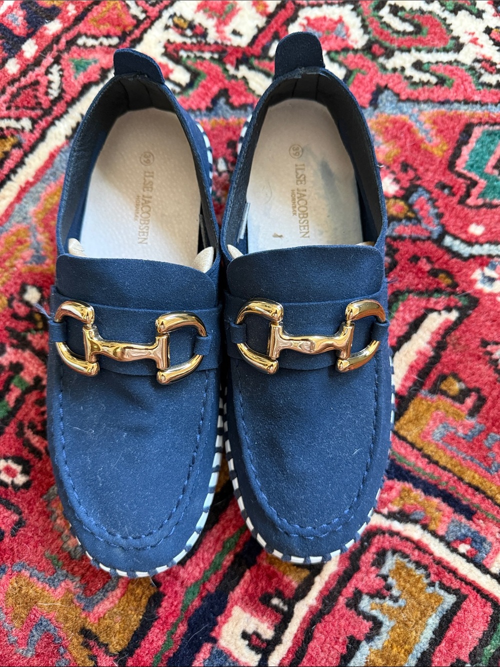 Ilse Jacobsen Navy Suede Loafers with Gold Bit Hardware